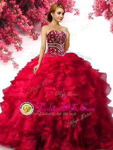 Charming Sleeveless Organza Floor Length Lace Up Sweet 16 Dress in Red for with Beading and Ruffles