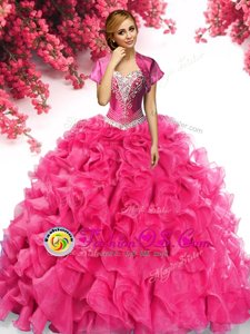 Sweep Train Ball Gowns 15 Quinceanera Dress Hot Pink Sweetheart Organza Sleeveless With Train Lace Up