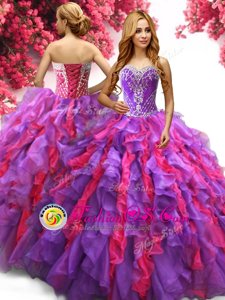 Lovely Sweetheart Sleeveless Organza Quince Ball Gowns Beading and Ruffles Lace Up