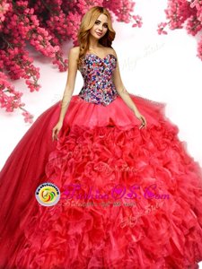 Inexpensive Sleeveless Organza Floor Length Lace Up Ball Gown Prom Dress in Red for with Beading and Ruffles