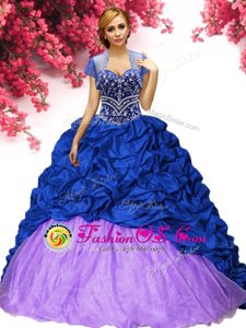 Fine Royal Blue Ball Gowns Sweetheart Sleeveless Taffeta Brush Train Lace Up Beading and Pick Ups Quince Ball Gowns