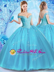 Off The Shoulder Sleeveless Lace Up Quinceanera Gown Baby Blue Tulle