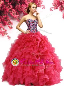 Hot Sale Red Organza Lace Up Sweetheart Sleeveless Floor Length 15 Quinceanera Dress Beading and Ruffles