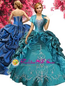 Custom Made Floor Length Lace Up Sweet 16 Quinceanera Dress Teal and In for Military Ball and Sweet 16 and Quinceanera with Beading and Embroidery and Pick Ups