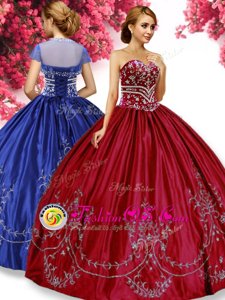 Wonderful Floor Length Wine Red Sweet 16 Dress Taffeta Sleeveless Embroidery