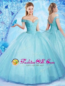 Super Off the Shoulder Aqua Blue Lace Up Sweet 16 Dress Beading Sleeveless Floor Length