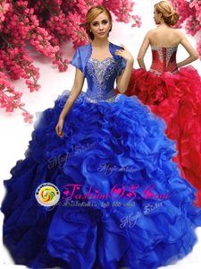 Ideal Royal Blue Ball Gowns Organza Sweetheart Sleeveless Beading and Ruffles Floor Length Lace Up Sweet 16 Dresses