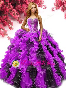 Beautiful Organza Sweetheart Sleeveless Lace Up Beading and Ruffles Ball Gown Prom Dress in Multi-color