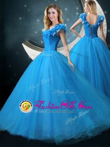 Glittering Cap Sleeves Lace Up Floor Length Appliques Sweet 16 Quinceanera Dress