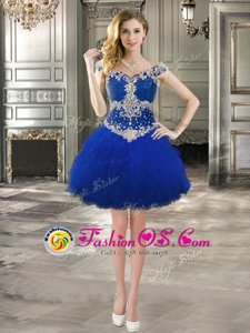 Off the Shoulder Cap Sleeves Mini Length Lace Up Club Wear Royal Blue and In for Prom and Party with Beading and Ruffles