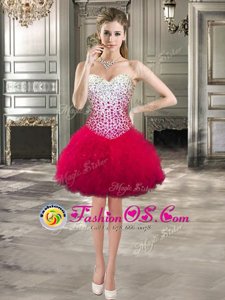 Super Hot Pink Lace Up Sweetheart Beading and Ruffles Cocktail Dresses Tulle Sleeveless