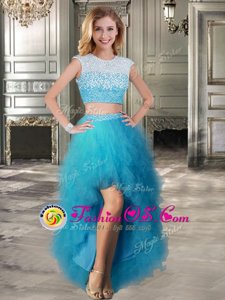 Trendy Tulle Scoop Cap Sleeves Lace Up Beading and Ruffles Prom Gown in Teal