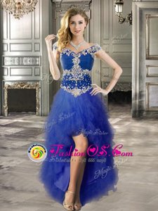 High End Off the Shoulder Royal Blue Cap Sleeves Tulle Lace Up Prom Dresses for Prom and Party