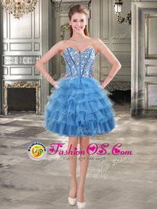 Exceptional Blue Organza Lace Up Sweetheart Sleeveless Mini Length Prom Gown Beading and Ruffled Layers