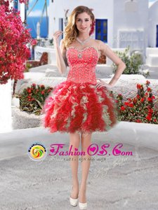 Amazing Ball Gowns Dress for Prom Red Sweetheart Organza Sleeveless Mini Length Lace Up