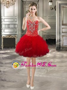 Superior Red Tulle Lace Up Prom Party Dress Sleeveless Mini Length Beading and Ruffles