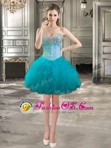 Sleeveless Tulle Mini Length Lace Up Evening Dress in Teal for with Beading and Ruffles