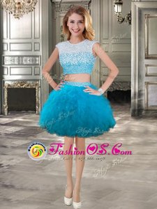 Scoop Teal Cap Sleeves Tulle Lace Up Dress for Prom for Prom and Party
