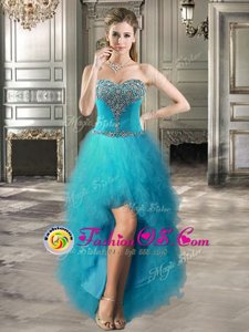 Teal Sleeveless High Low Beading and Ruffles Lace Up Evening Dress