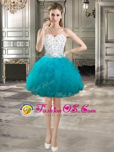 Teal Ball Gowns Tulle Sweetheart Sleeveless Beading and Ruffles Mini Length Lace Up Dress for Prom