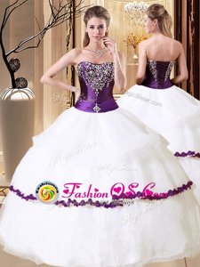 Beauteous White Organza Lace Up Strapless Sleeveless Floor Length Quince Ball Gowns Beading