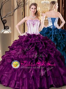 Purple Organza Lace Up Strapless Sleeveless Floor Length Quinceanera Gown Pick Ups