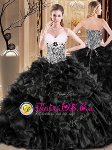 Best Selling Black Lace Up Sweetheart Ruffles 15th Birthday Dress Organza Sleeveless