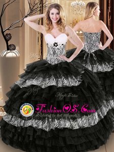 Black Ball Gowns Organza and Printed Sweetheart Sleeveless Ruffled Layers and Pattern Floor Length Lace Up Quinceanera Dresses