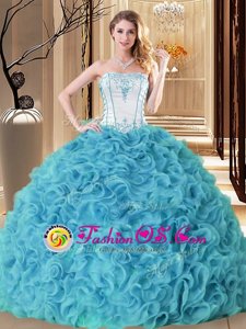 Elegant Aqua Blue Quinceanera Dress Military Ball and Sweet 16 and Quinceanera and For with Embroidery and Ruffles Strapless Sleeveless Lace Up