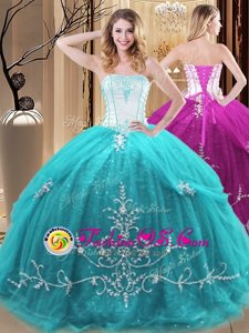 Eye-catching Aqua Blue Strapless Neckline Embroidery Sweet 16 Quinceanera Dress Sleeveless Lace Up