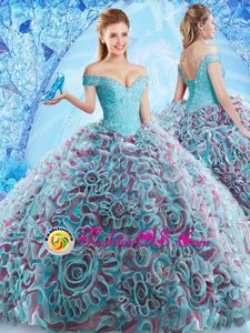 Off the Shoulder Backless Multi-color Sleeveless Court Train Beading and Appliques and Ruffles Sweet 16 Dress