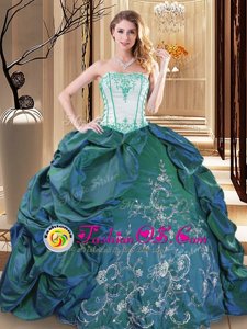 Hot Sale Strapless Sleeveless Taffeta Sweet 16 Dress Embroidery and Pick Ups Lace Up