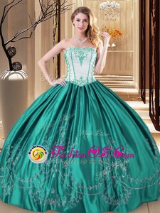 Excellent Floor Length Lace Up Sweet 16 Dress Turquoise and In for Military Ball and Sweet 16 and Quinceanera with Embroidery