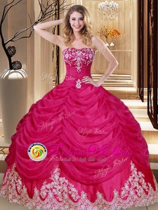 Sleeveless Tulle Floor Length Lace Up Sweet 16 Dress in Hot Pink for with Appliques and Embroidery and Pick Ups