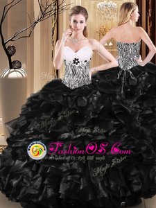 Black Sweet 16 Dress Military Ball and Sweet 16 and Quinceanera and For with Ruffles and Pattern Sweetheart Sleeveless Lace Up