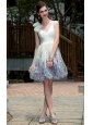A-Line / Princess V-neck Knee-length Organza Hand Made Flowers Short Prom Dress