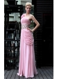 Baby Pink Empire One Shoulder Floor-length Chiffon Beading Prom Dress
