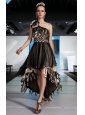 Brown A-line One Shoulder High-low Organza Hand Made Flowers Prom Dress