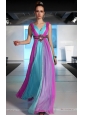 Fuchsia and Blue Empire V-neck Floor-length Chiffon Beading and Ruch Prom / Celebrity Dress