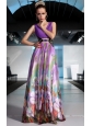 Luxurious Empire V-neck Floor-length Printing Beading and Ruch Prom / Celebrity Dress
