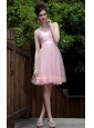 Pink A-Line / Princess Spaghetti Straps Knee-length Tulle Beading Prom / Homecoming Dress