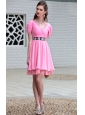 Rose Pink Empire V-neck Mini-length Chiffon Lace and Ruch Prom / Homecoming Dress