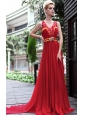 Red Empire V-neck Floor-length Chiffon Beading Prom Dress
