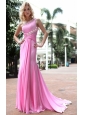 Rose Pink Empire One Shoulder Brush / Sweep Chiffon Ruch Prom Dress