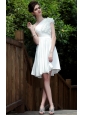 White Empire One Shoulder Knee-length Elastic Woven Satin Ruch and Hand Made Flowers Prom / Homecoming Dress