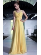 Yellow Empire V-neck Brush Train Chiffon Beading and Ruch Prom / Graduation Dress