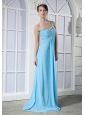 Baby Blue Empire One Shoulder Brush Train Elastic Woven Satin Beading Prom Dress