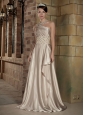 Champagne A-Line / Princess One Shoulder Brush Train Elastic Wove Satin Beading and Ruch Prom / Evening Dress