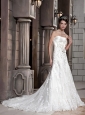 Elegant A-line / Princess Strapless Court Train Lace and Elastic Wove Satin Appliques Wedding Dress