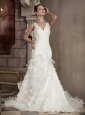 Elegant A-line / Princess V-neck Court Train Organza and Satin Ruffles Wedding Dress